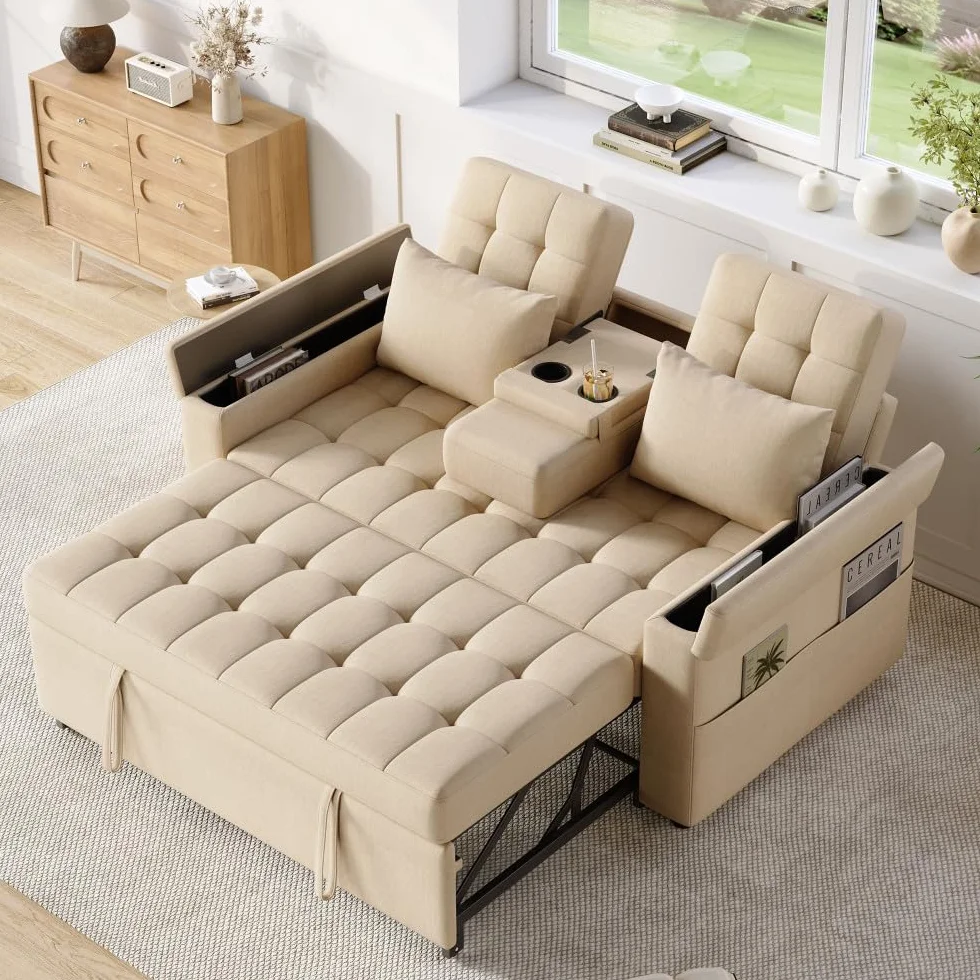 Sofa rozkładana 2-osobowa aksamitna z funkcją spania beżowa bawełna len
