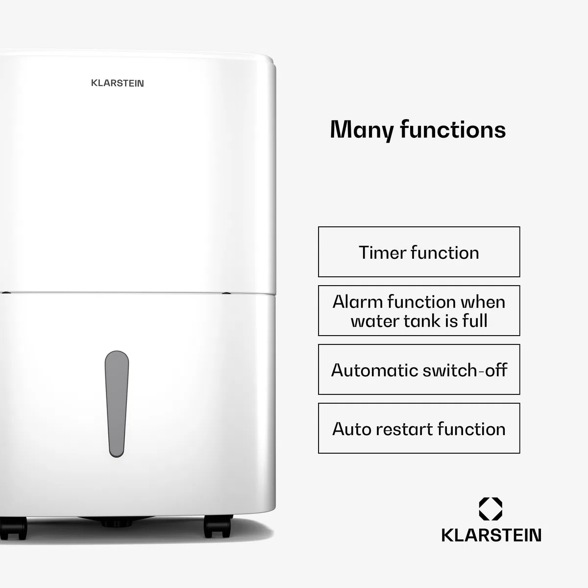 Osuszacz powietrza Klarstein DryFy 20L - 400 W, 20 l/dzień, zbiornik 5 l, poziom hałasu 46 dB, automatyczne osuszanie, tryb suszenia prania, timer, do domu, sypialni, biały