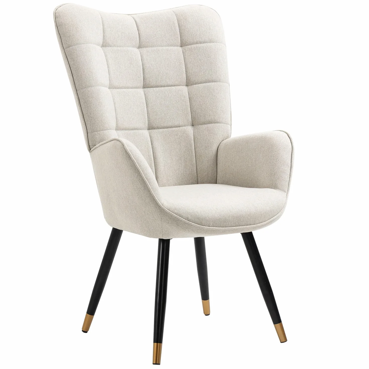 MEUBLE COSY Fotel relaksacyjny z oparciem, tapicerowana, pojedyncza sofa z pozłacanymi metalowymi nogami, fotel z uszami, do salonu, sypialni, biura, Vanity, tkanina, beżowy