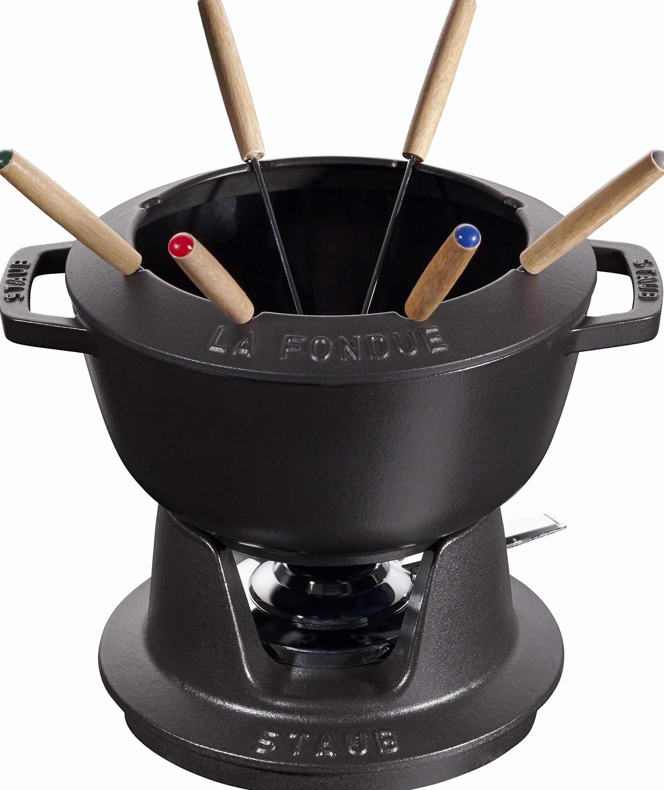 STAUB Fondue Set Gusseisen 20 cm für Käse Schoko Fleisch Fondue mit 6 Gabeln Schwarz