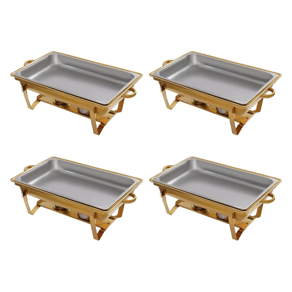Zestaw 4 pojemników do podgrzewania Chafing Dish Golden – 7,5 l, ze stali nierdzewnej, profesjonalny zestaw wraz z 4 szczypcami do serwowania – do cateringu, bufetu, na imprezę (stal