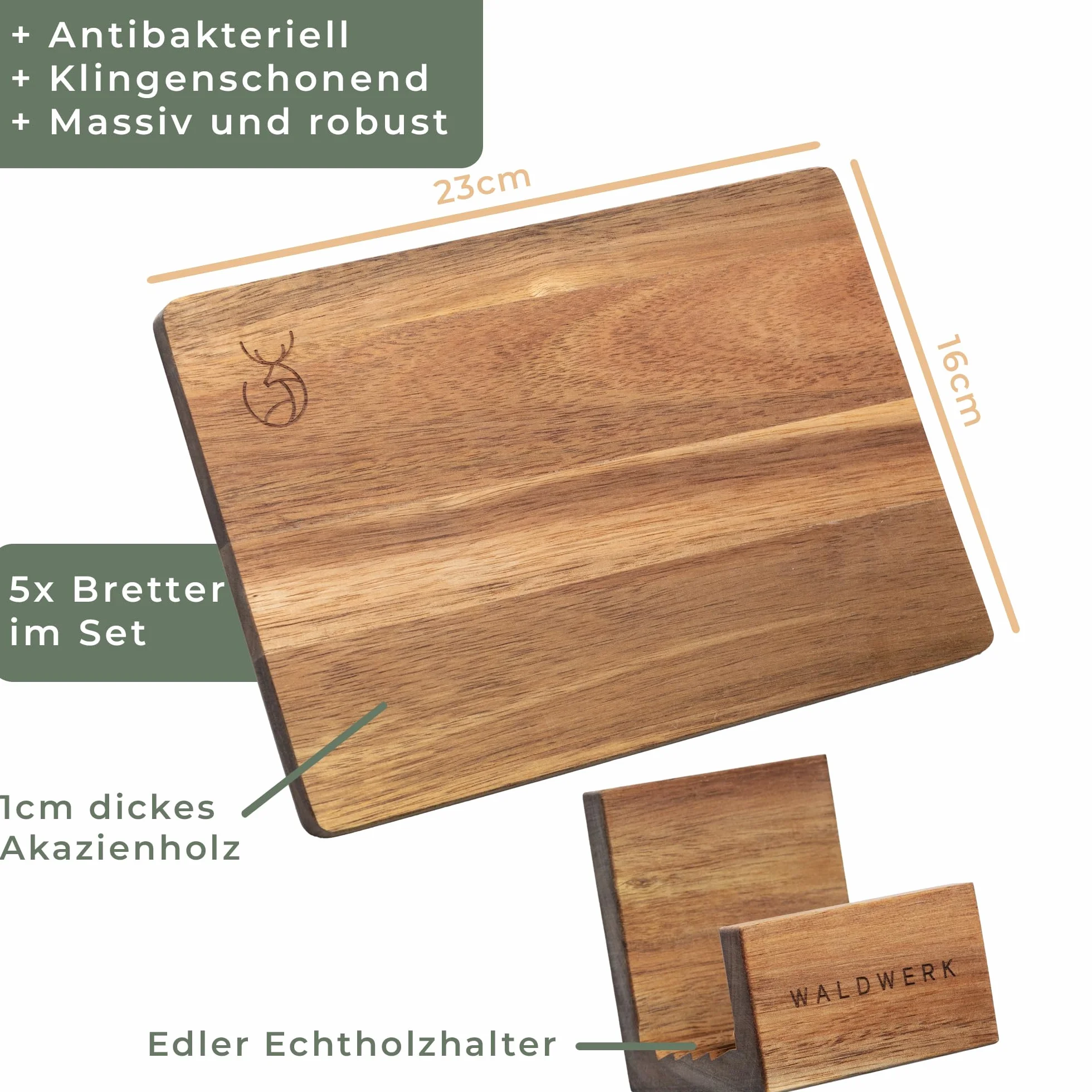 WALDWERK Deseczki śniadaniowe zestaw 5 szt. (23 x 16 x 1 cm) z litego drewno akacjowego – deska śniadaniowa ze stojakiem – 5 desek do krojenia