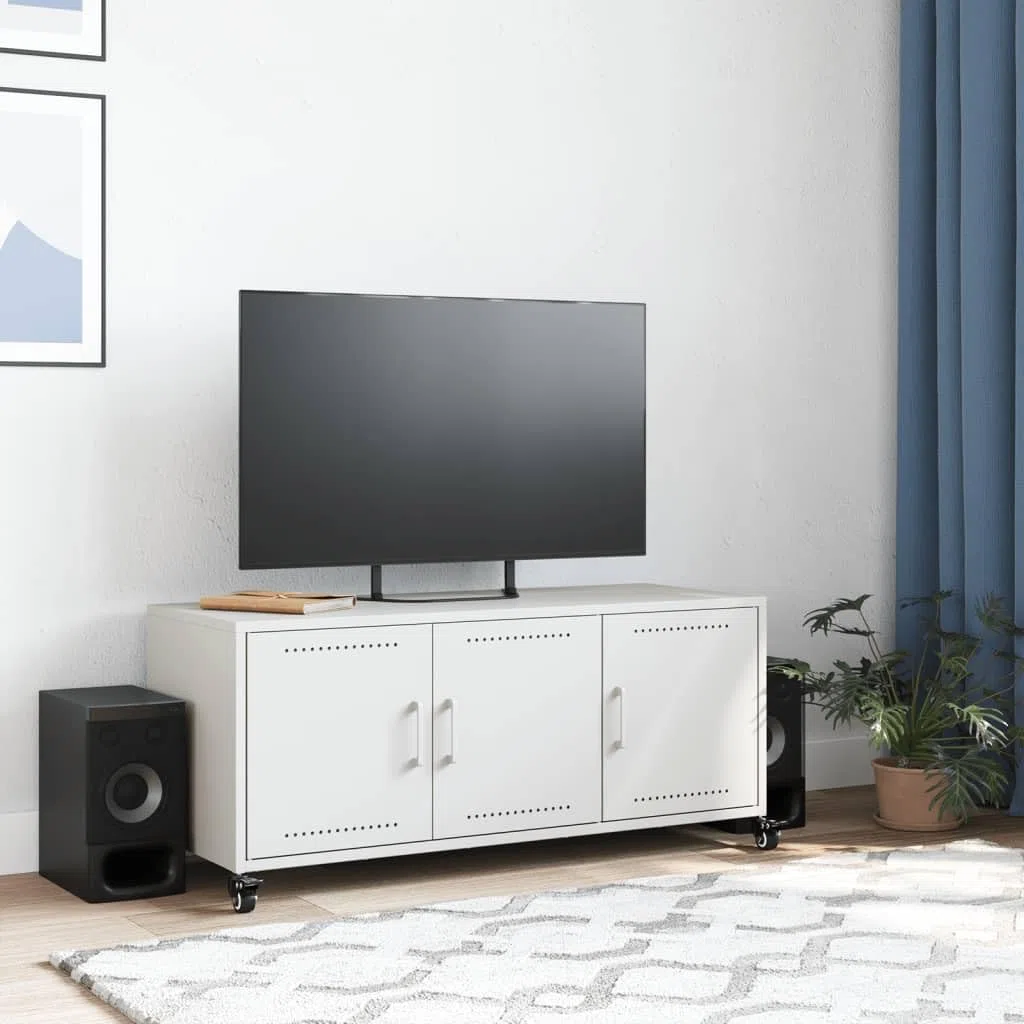 Szafka pod telewizor biała konsola do gabinetu salonu 100,5 x 39 x 43,5 cm stal walcowana na zimno