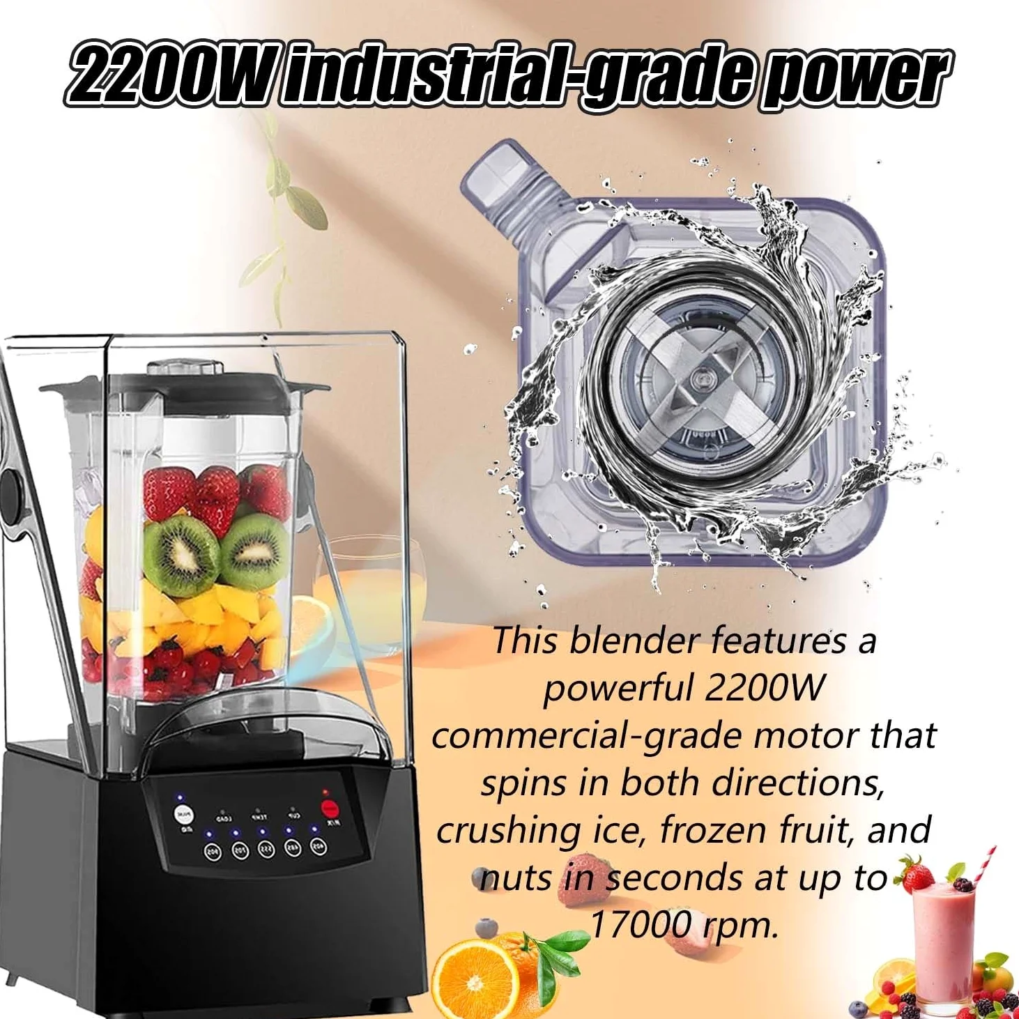 Profesjonalny blender cichy 2200W z osłoną akustyczną, 2L pojemnik PC, 6 ostrzy stalowe, smoothie maker, do koktajli, lodu, zup i użytku gastronomicznego