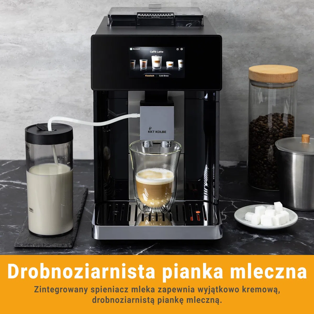 KKT KOLBE Pro ekspres do kawy z pojemnikiem na mleko, dysza do pianki na mleko i akcesoriami, funkcja 2 filiżanek, 15 bar, 7-stopniowy mechanizm mielący, ekran dotykowy TFT, automatyczne czyszczenie