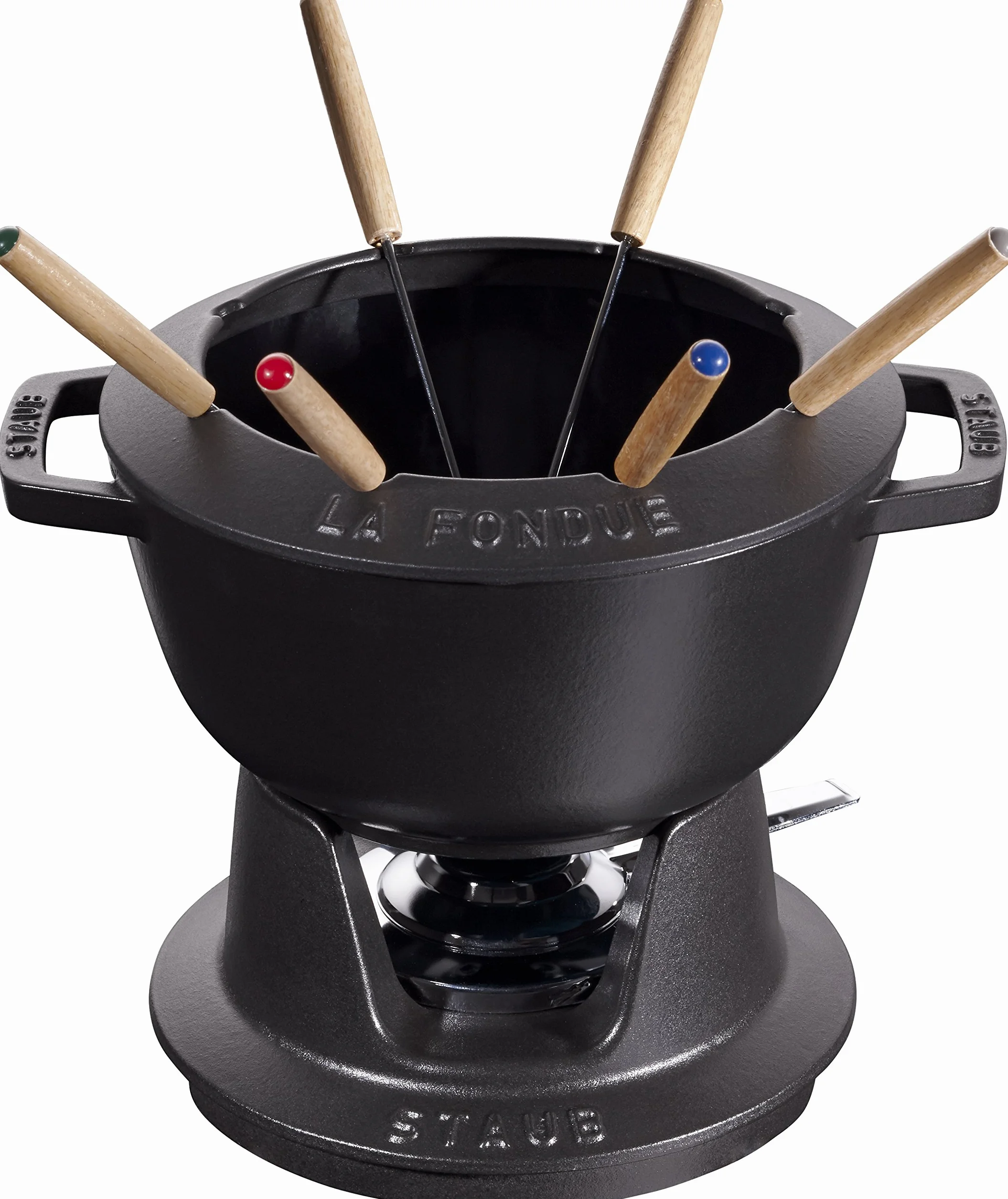 STAUB Fondue Set Gusseisen 20 cm für Käse Schoko Fleisch Fondue mit 6 Gabeln Schwarz