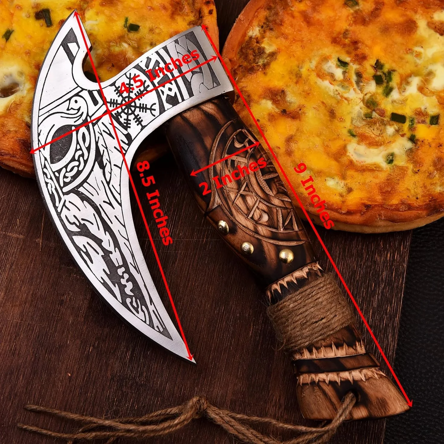 Ręcznie robiony nóż do pizzy Viking Axe ze skórzanym pokrowcem – akcesoria premium do pizzy Ulu Rocking Pizza Gifts for Men (grawerowany uchwyt z drewna jesionowego)