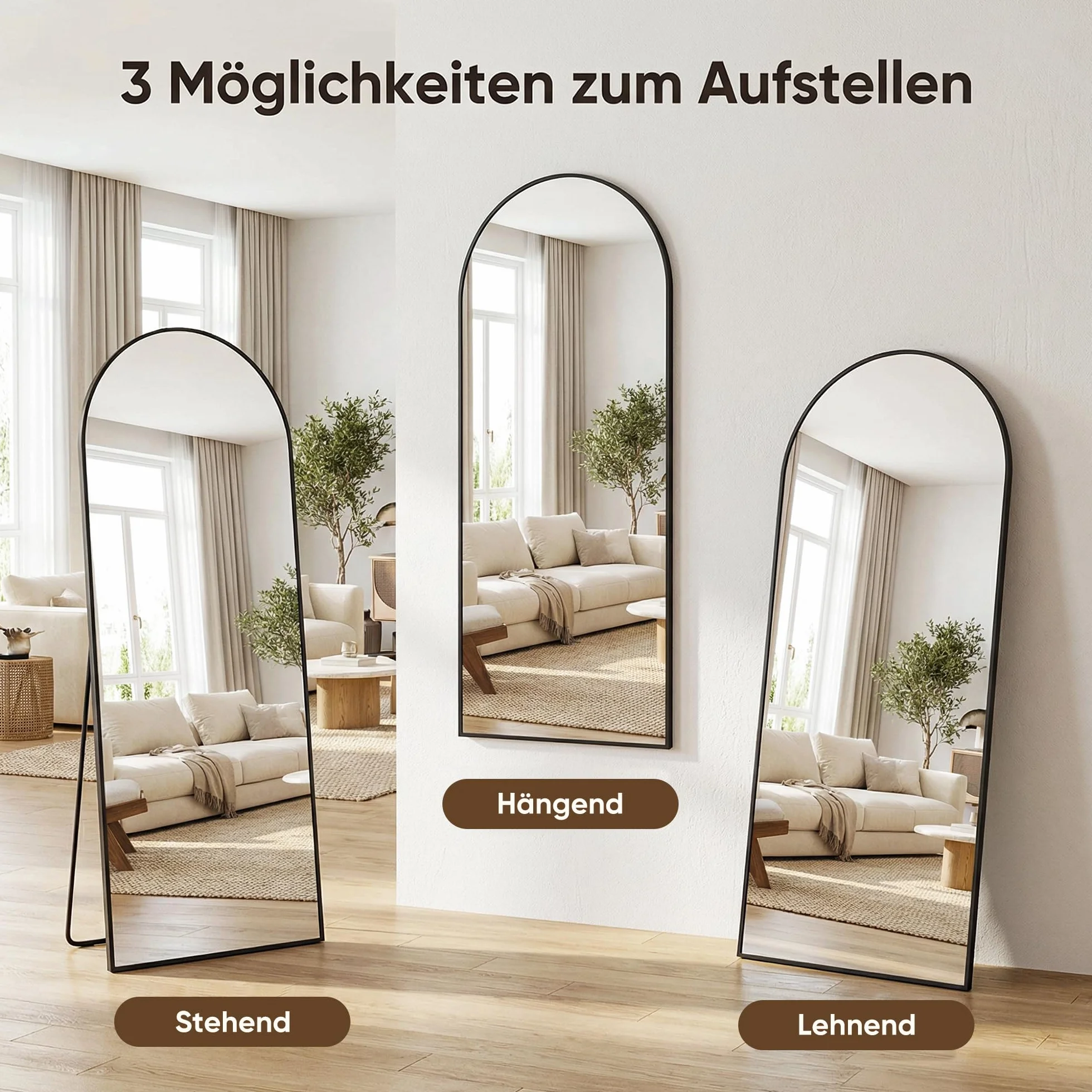 Antok 54x163 cm Lustro do garderoby, Zakrzywiony lusterko stojące, Rama ze stopu aluminium, Szkło niełamliwe, Lustro podłogowe do salonu, Garderoba, Czarny
