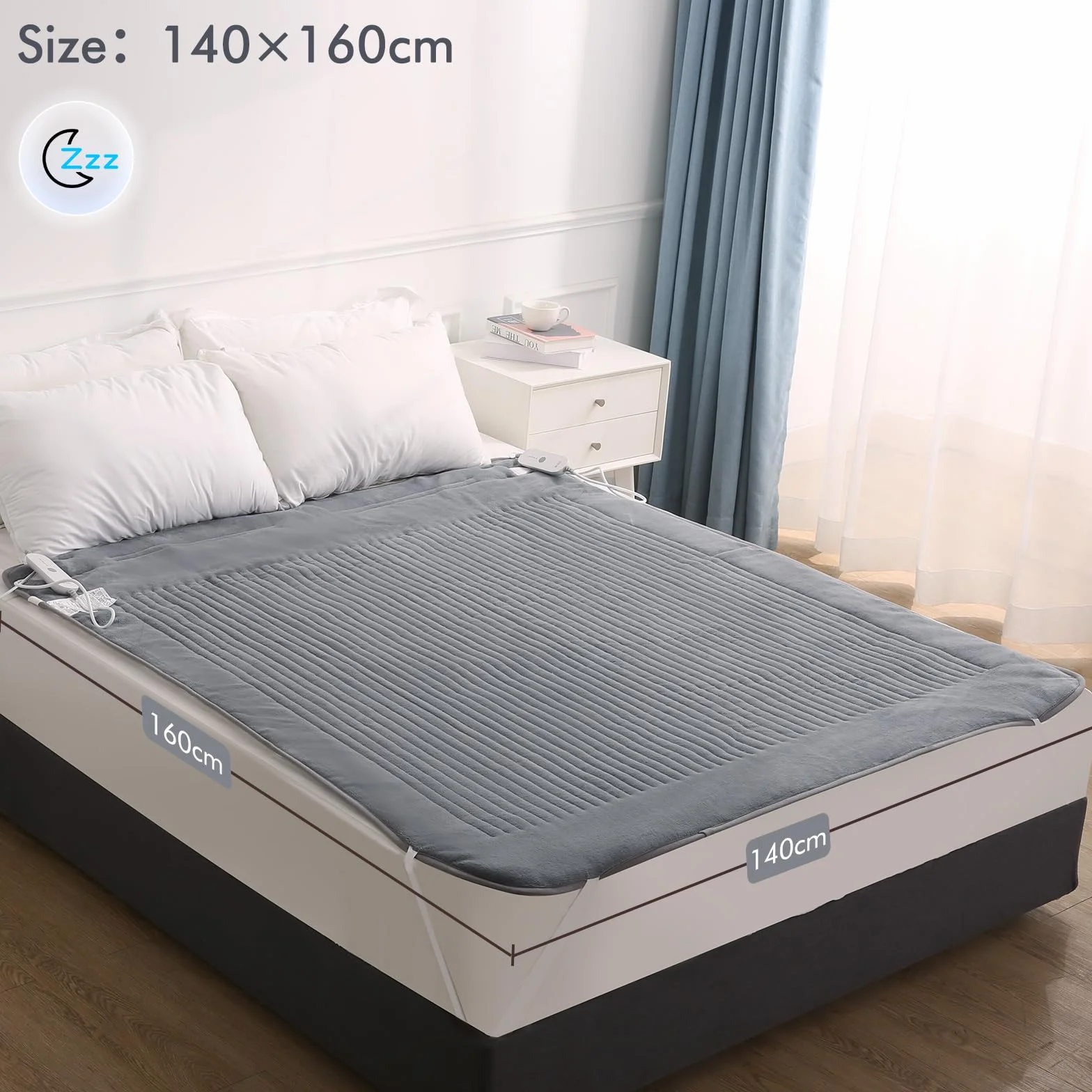 Łóżko termiczne 160 x 140 cm do łóżka podwójnego z 2 strefami temperatury i automatycznym wyłączaniem, 4 stopnie ogrzewania, szybkie nagrzewanie, zdejmowany kontroler, łatwe mocowanie materaca
