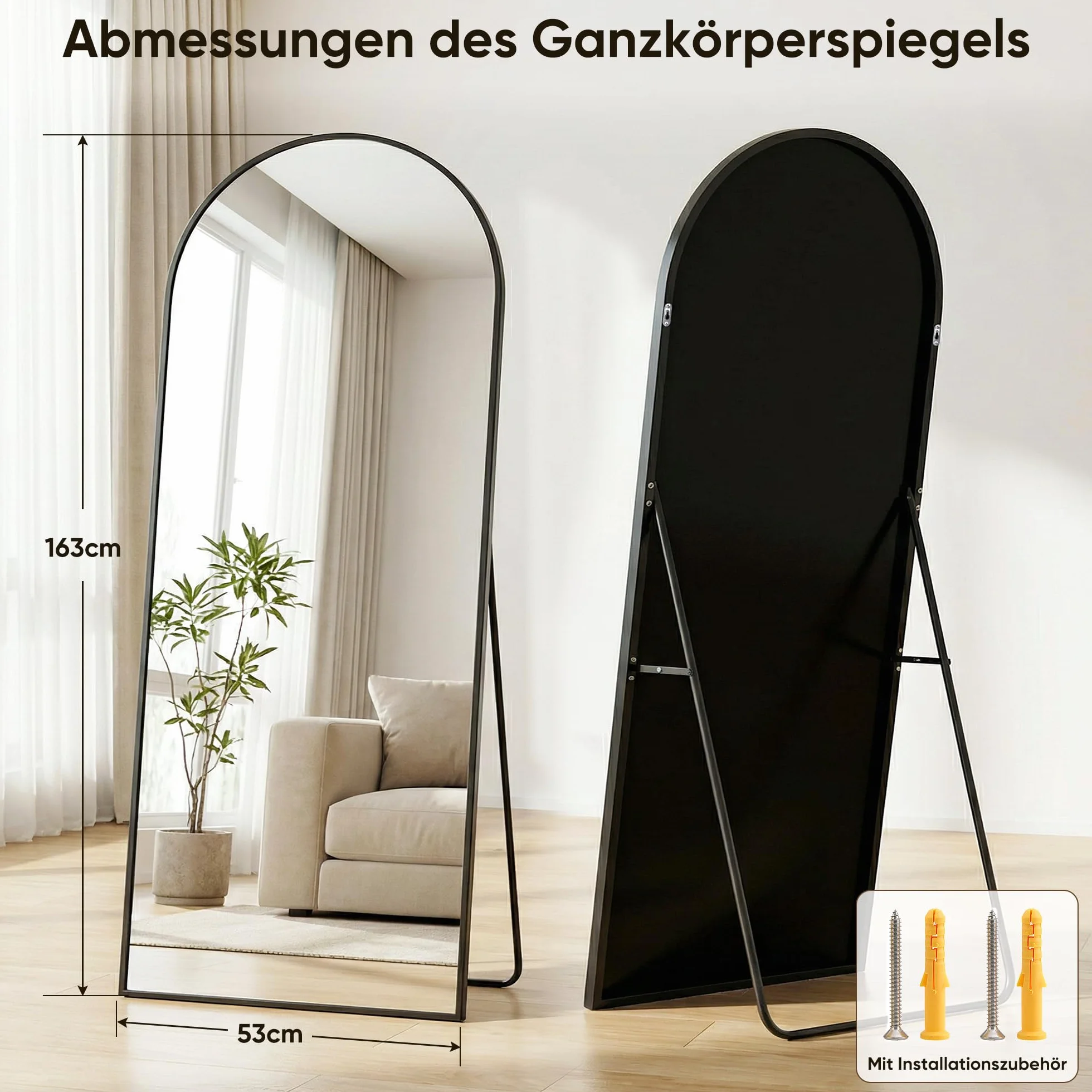 Antok 54x163 cm Lustro do garderoby, Zakrzywiony lusterko stojące, Rama ze stopu aluminium, Szkło niełamliwe, Lustro podłogowe do salonu, Garderoba, Czarny