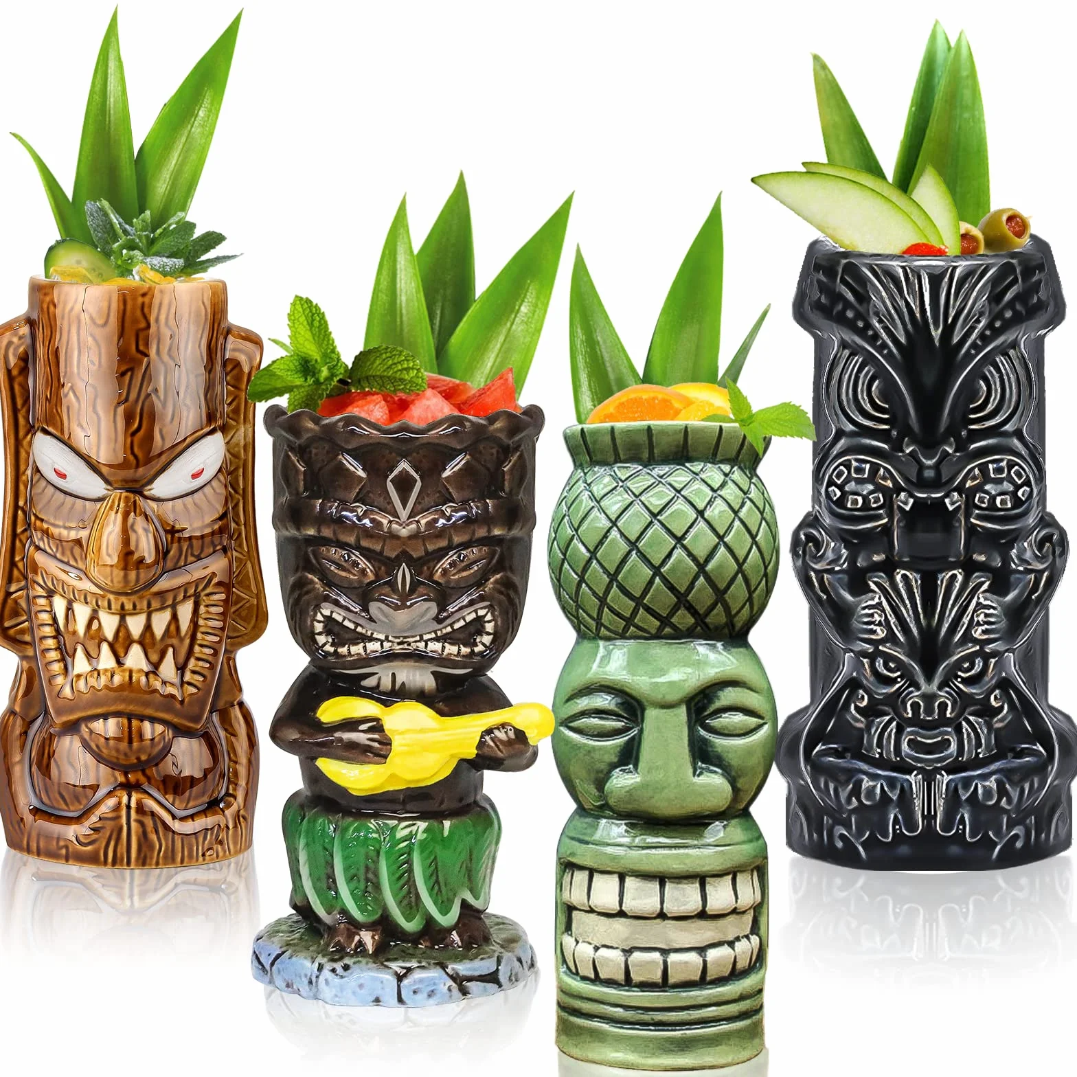Kubki tiki na koktajle zestaw 4 ceramicznych tropikalnych hawajskich