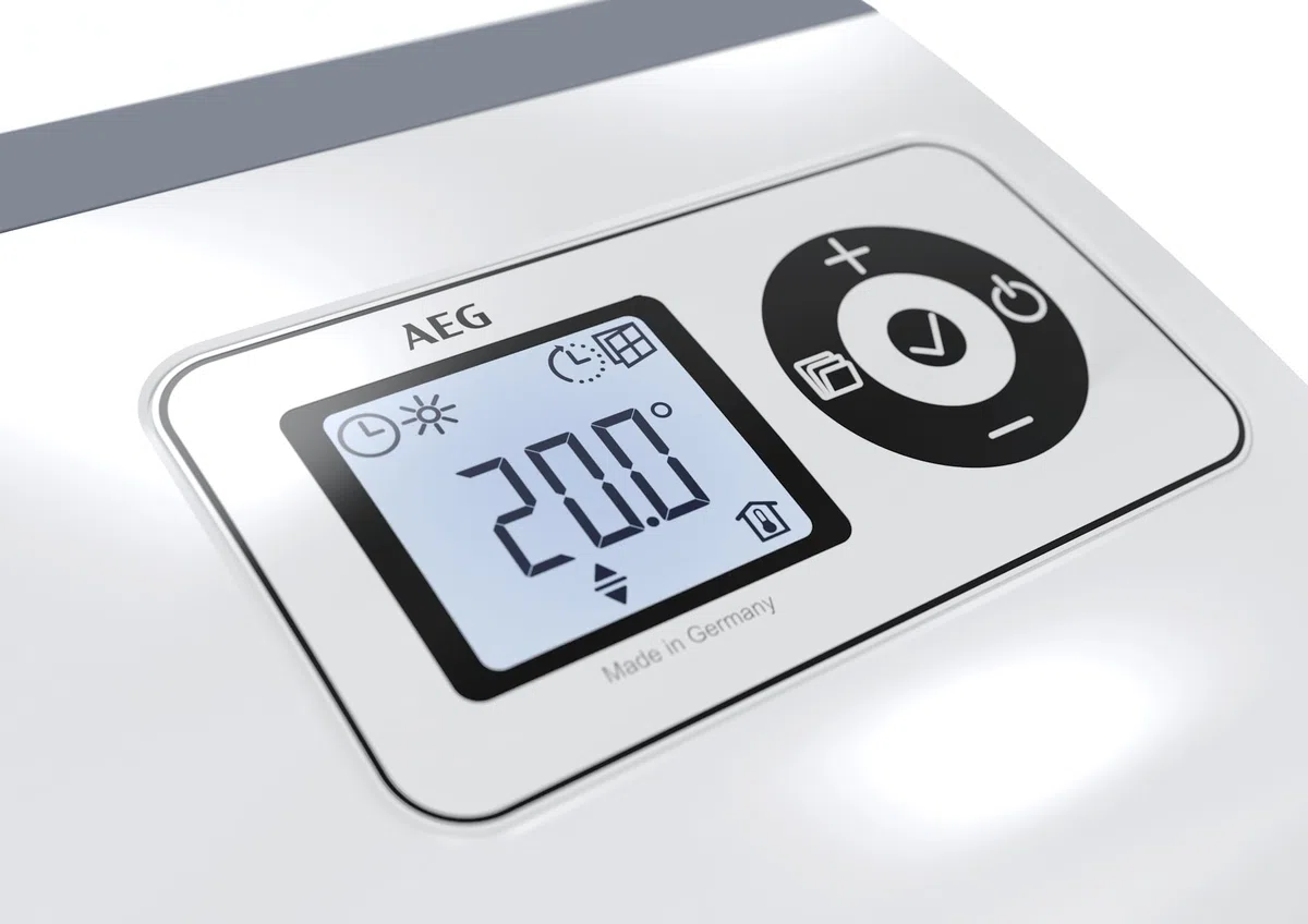 AEG Termowentylator VH 213, ceramiczny termowentylator energooszczędny, 2000 W na ok. 25 m², certyfikat TÜV, wyświetlacz LCD, zegar tygodniowy, łazienka, 238296