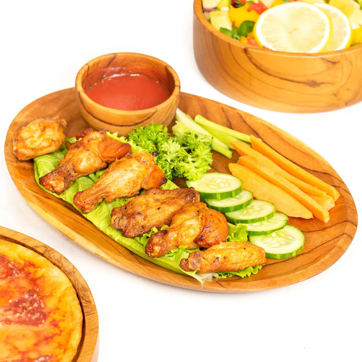 Rainforest Bowls Owalny talerz z drewna tekowego, duży, 2 sztuki, do jedzenia i dekoracji, dekoracyjny talerz kuchenny do jedzenia, serwowania, ręcznie robiona rustykalna zastawa stołowa z Indonezji