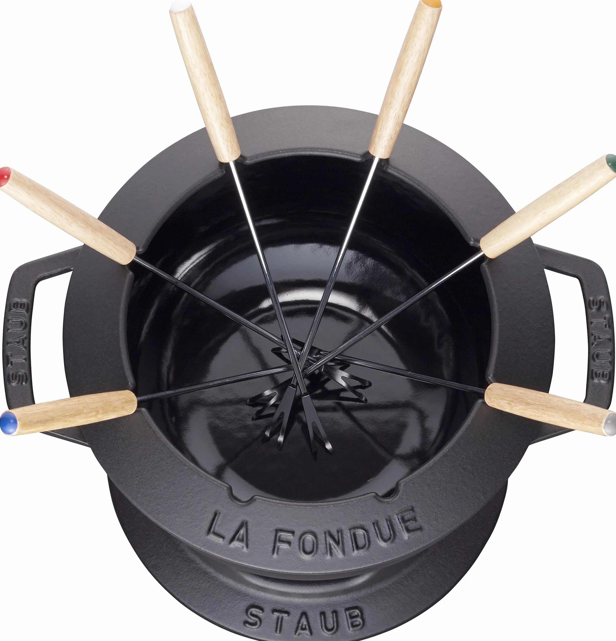 STAUB Fondue Set Gusseisen 20 cm für Käse Schoko Fleisch Fondue mit 6 Gabeln Schwarz