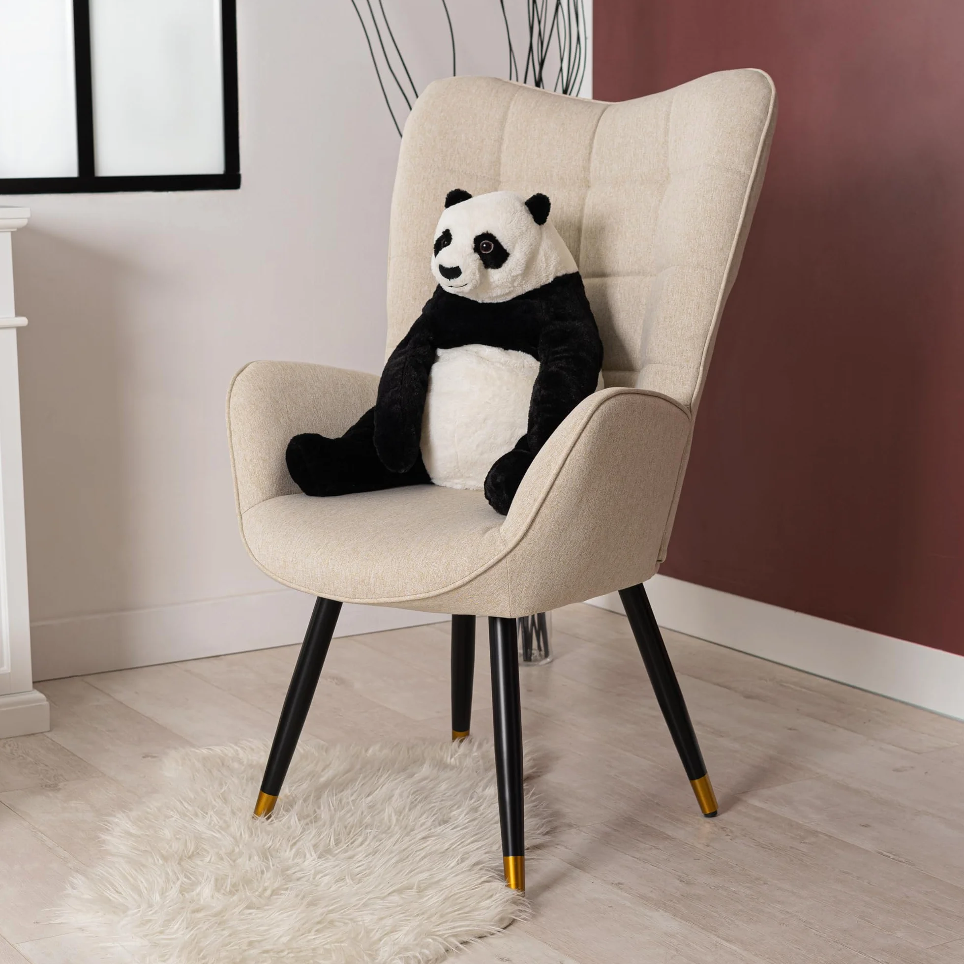 MEUBLE COSY Fotel relaksacyjny z oparciem, tapicerowana, pojedyncza sofa z pozłacanymi metalowymi nogami, fotel z uszami, do salonu, sypialni, biura, Vanity, tkanina, beżowy