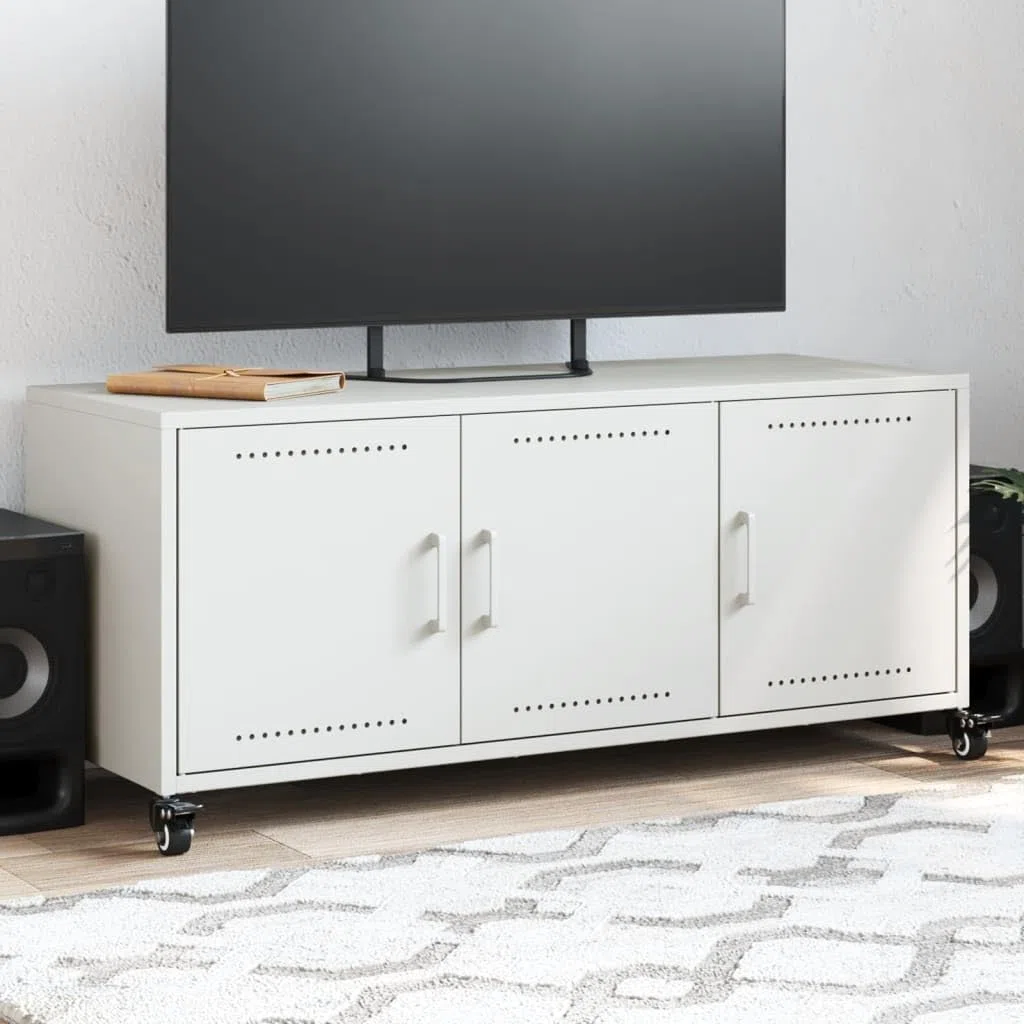 Szafka pod telewizor biała konsola do gabinetu salonu 100,5 x 39 x 43,5 cm stal walcowana na zimno