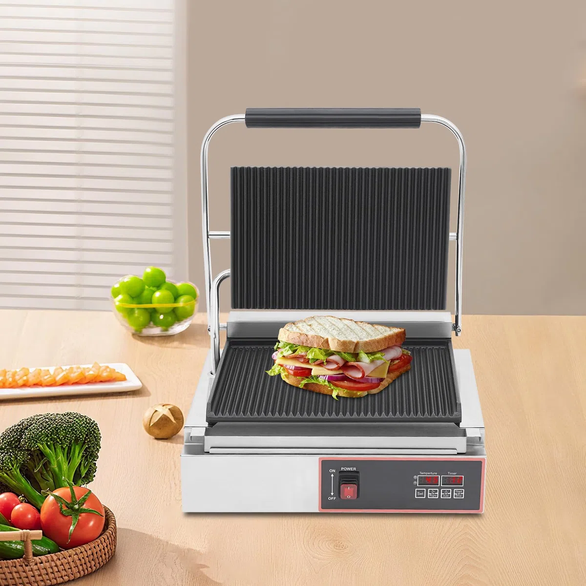 Elektryczny grill kontaktowy 2200 W, komercyjny grill Panini, elektryczny opiekacz do kanapek, płyta ze stali nierdzewnej, opiekacz do kanapek, grill stołowy, grill płytowy i opiekacz do