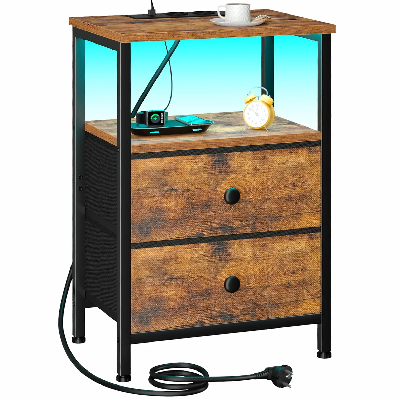 AMHANCIBLE Stolik nocny z oświetleniem LED, stolik pomocniczy z gniazdkiem, stolik kawowy z 2 szufladami z materiału, szafka nocna z otwartą komorą, do salonu, sypialni, gabinetu, Brązowy EHETS02BR-1