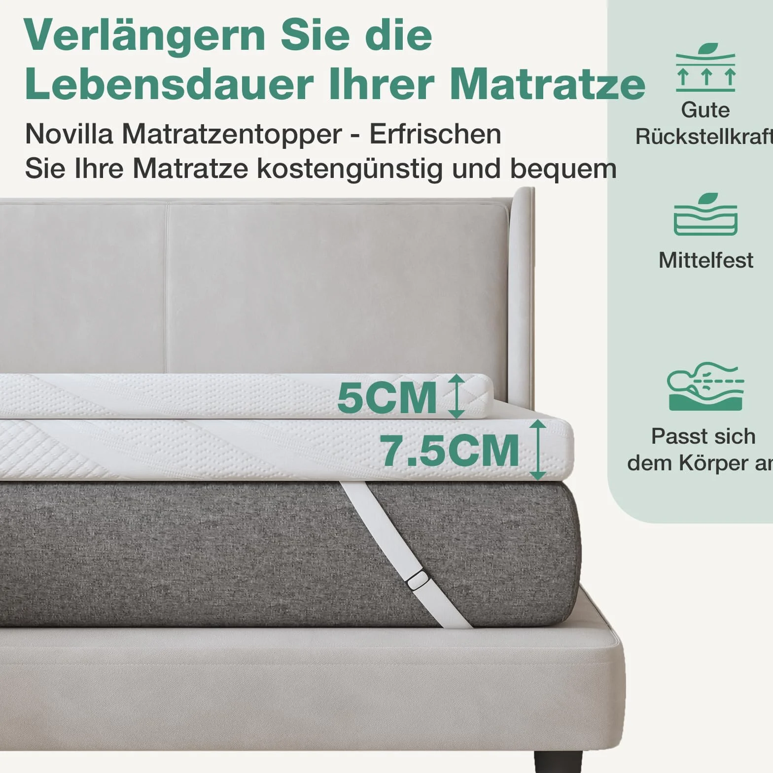 Novilla Materac nawierzchniowy 90 x 200 cm, wysokość 5 cm, nakładka żelowa z pianki memory, nakładka na łóżko kontynentalne, do przyczepy kempingowej, sofy do spania, poszewka nadaje się do prania,