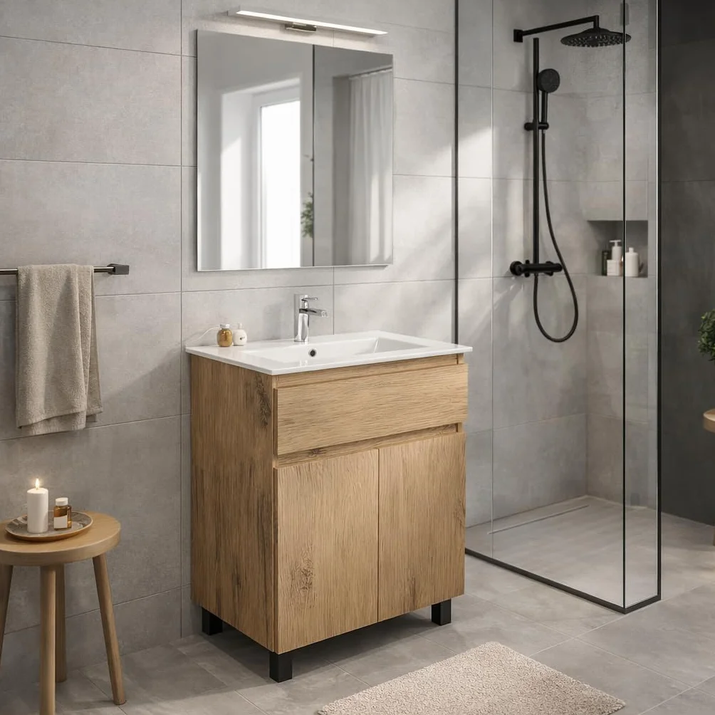 Umywalka z szafką podumywalkową, szerokość 60 cm Ariza SINK, szafka podumywalkowa z szufladą, wisząca lub stojąca - drewno/dąb Lancelot