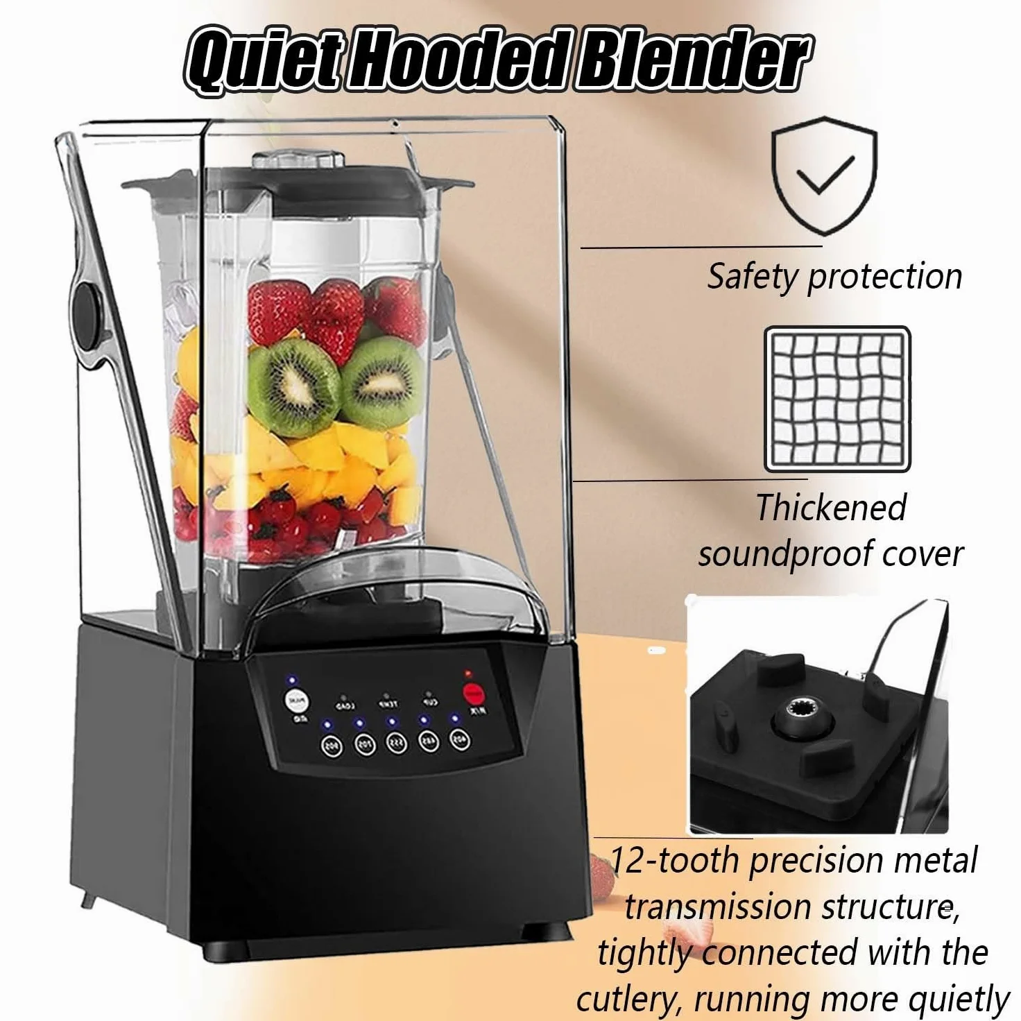 Profesjonalny blender cichy 2200W z osłoną akustyczną, 2L pojemnik PC, 6 ostrzy stalowe, smoothie maker, do koktajli, lodu, zup i użytku gastronomicznego