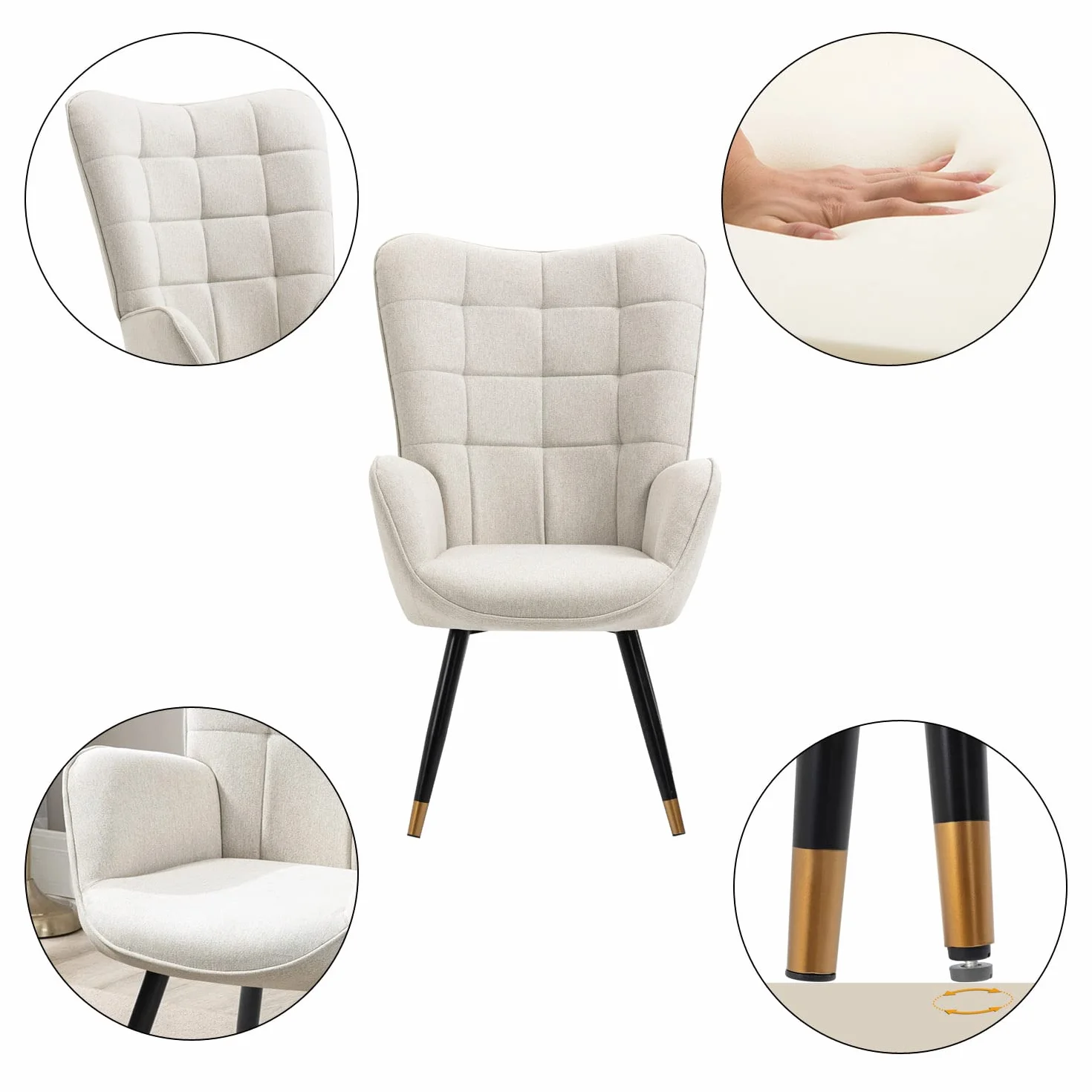 MEUBLE COSY Fotel relaksacyjny z oparciem, tapicerowana, pojedyncza sofa z pozłacanymi metalowymi nogami, fotel z uszami, do salonu, sypialni, biura, Vanity, tkanina, beżowy