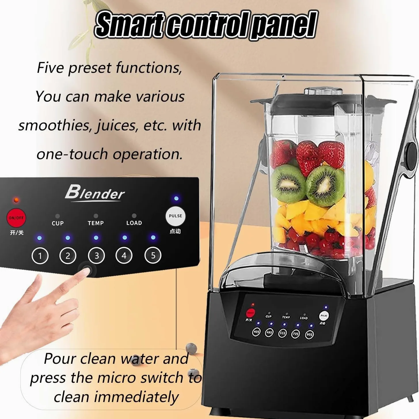 Profesjonalny blender cichy 2200W z osłoną akustyczną, 2L pojemnik PC, 6 ostrzy stalowe, smoothie maker, do koktajli, lodu, zup i użytku gastronomicznego