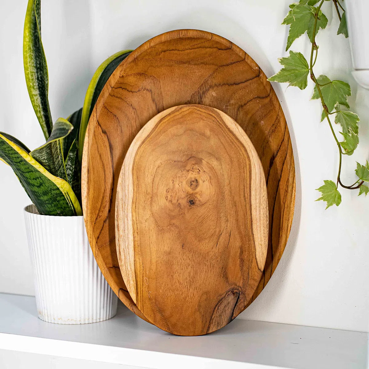 Rainforest Bowls Owalny talerz z drewna tekowego, duży, 2 sztuki, do jedzenia i dekoracji, dekoracyjny talerz kuchenny do jedzenia, serwowania, ręcznie robiona rustykalna zastawa stołowa z Indonezji