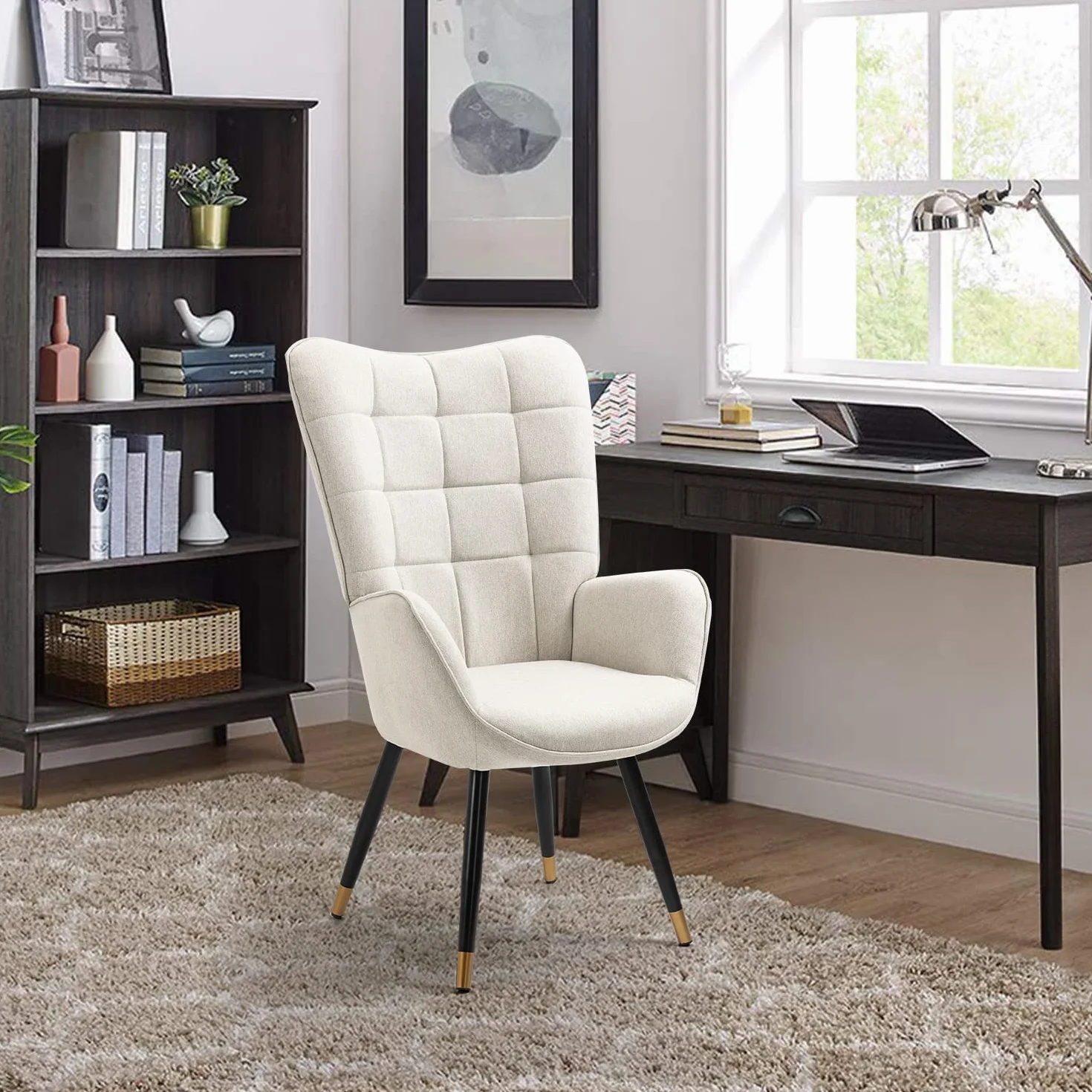 MEUBLE COSY Fotel relaksacyjny z oparciem, tapicerowana, pojedyncza sofa z pozłacanymi metalowymi nogami, fotel z uszami, do salonu, sypialni, biura, Vanity, tkanina, beżowy