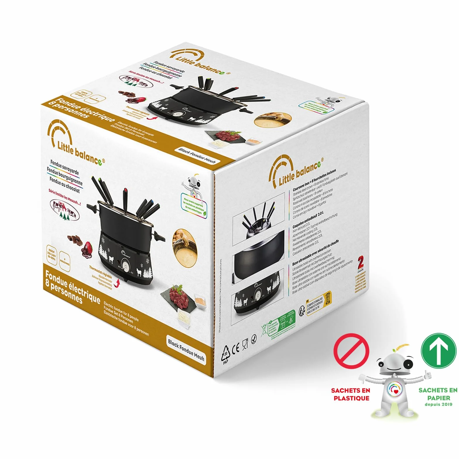 LITTLE BALANCE 8690 Black Fondue 8 Meuuuh...!, 8-osobowy fondue, nieprzywierający nabój o dużej pojemności 2 litry, 1500 W, czarny