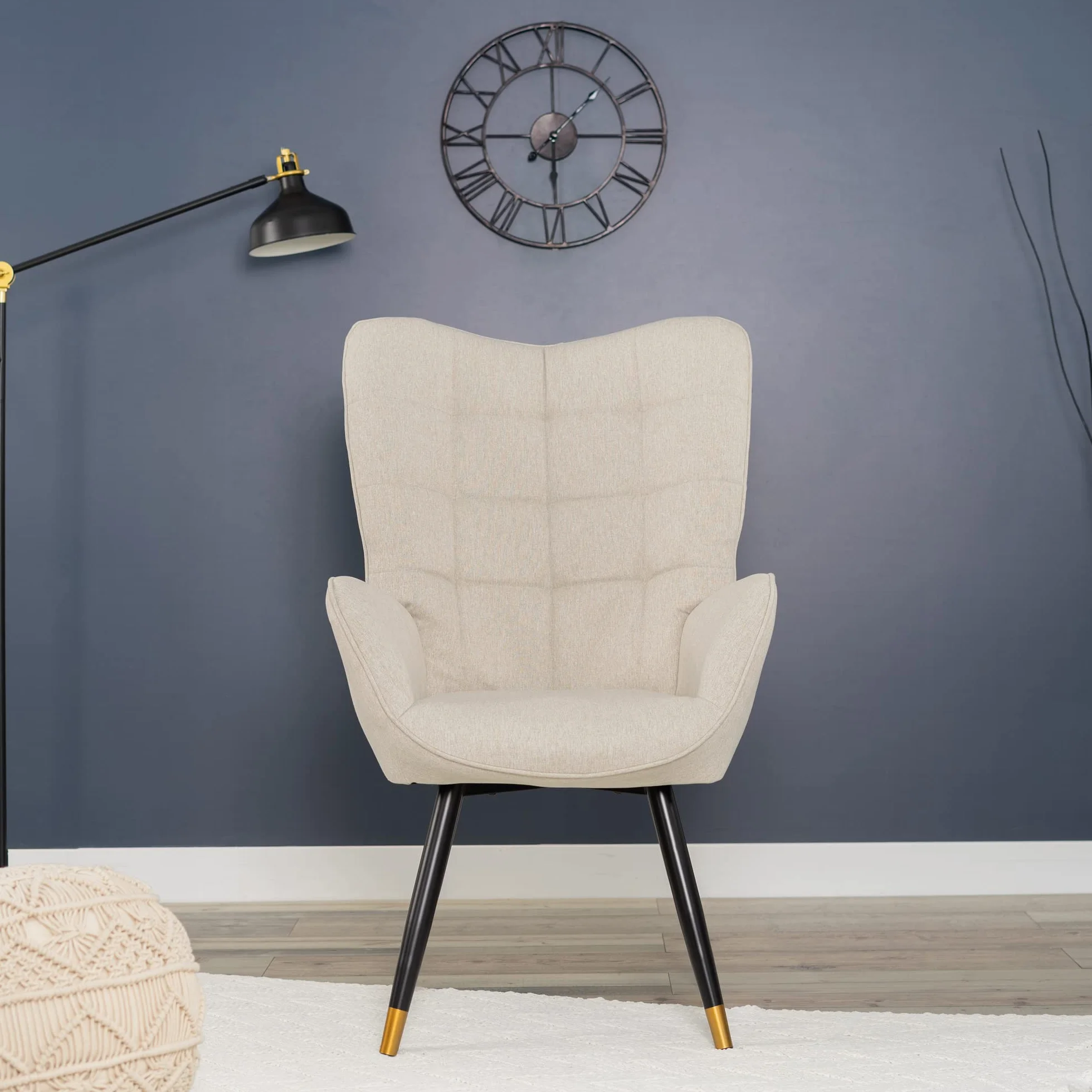 MEUBLE COSY Fotel relaksacyjny z oparciem, tapicerowana, pojedyncza sofa z pozłacanymi metalowymi nogami, fotel z uszami, do salonu, sypialni, biura, Vanity, tkanina, beżowy