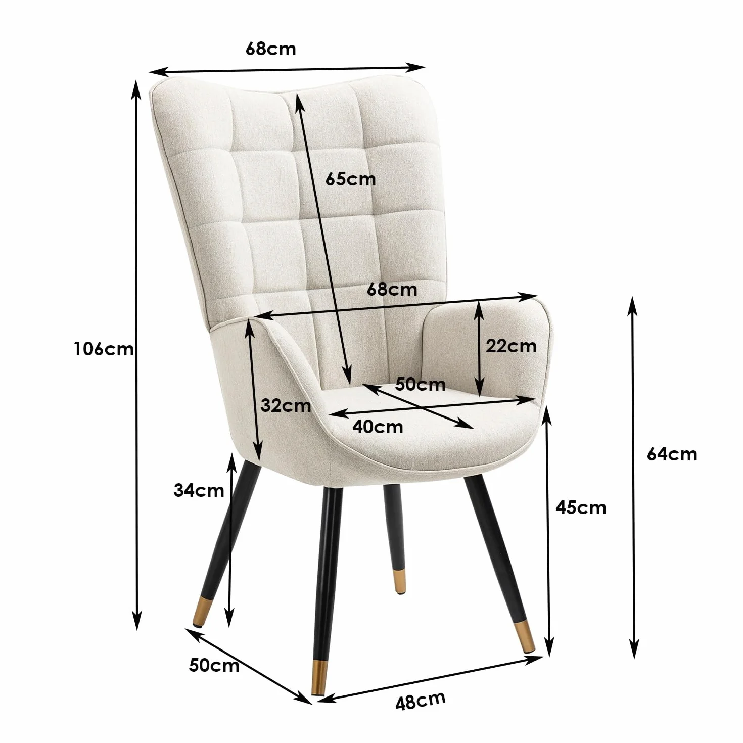 MEUBLE COSY Fotel relaksacyjny z oparciem, tapicerowana, pojedyncza sofa z pozłacanymi metalowymi nogami, fotel z uszami, do salonu, sypialni, biura, Vanity, tkanina, beżowy