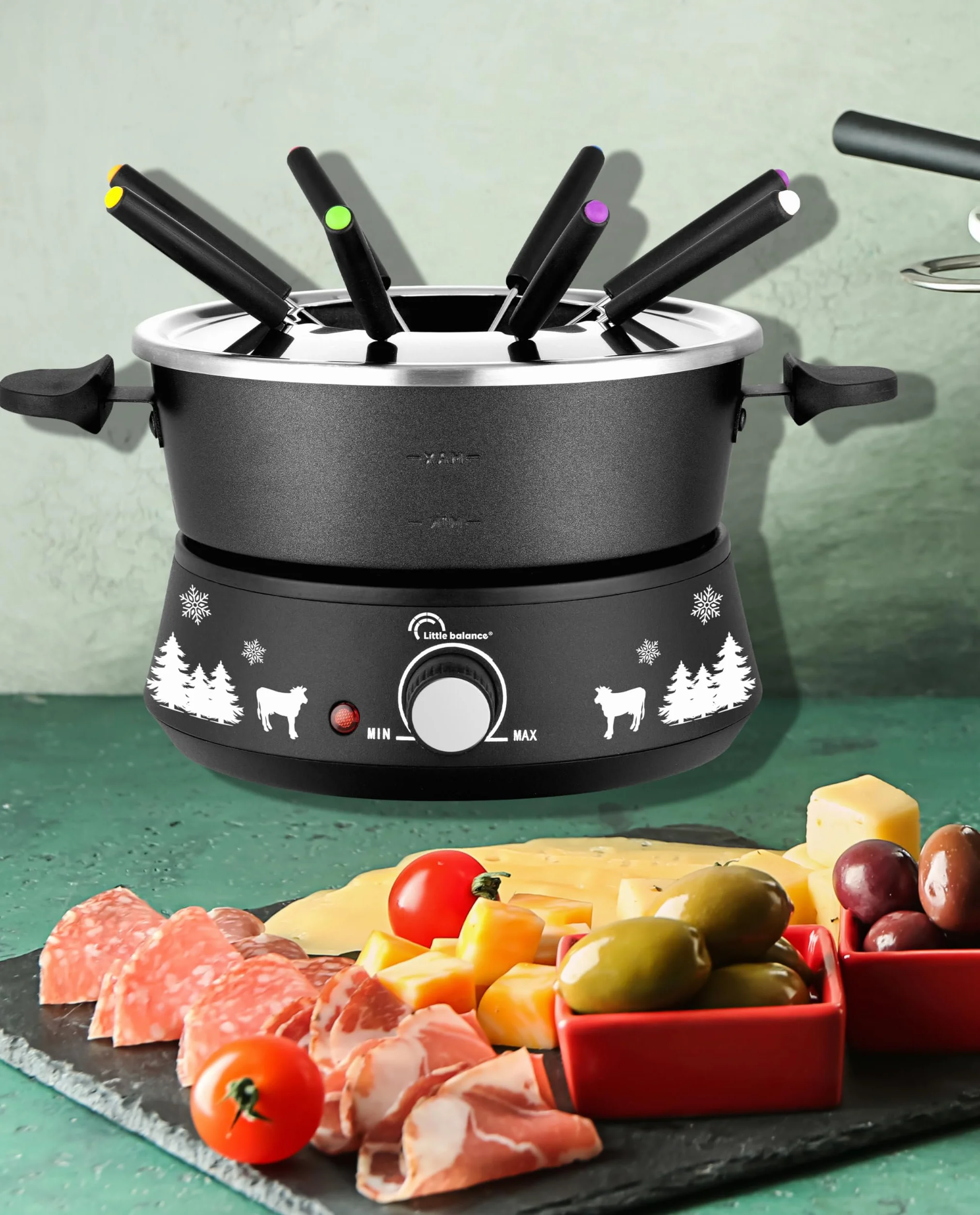 LITTLE BALANCE 8690 Black Fondue 8 Meuuuh...!, 8-osobowy fondue, nieprzywierający nabój o dużej pojemności 2 litry, 1500 W, czarny