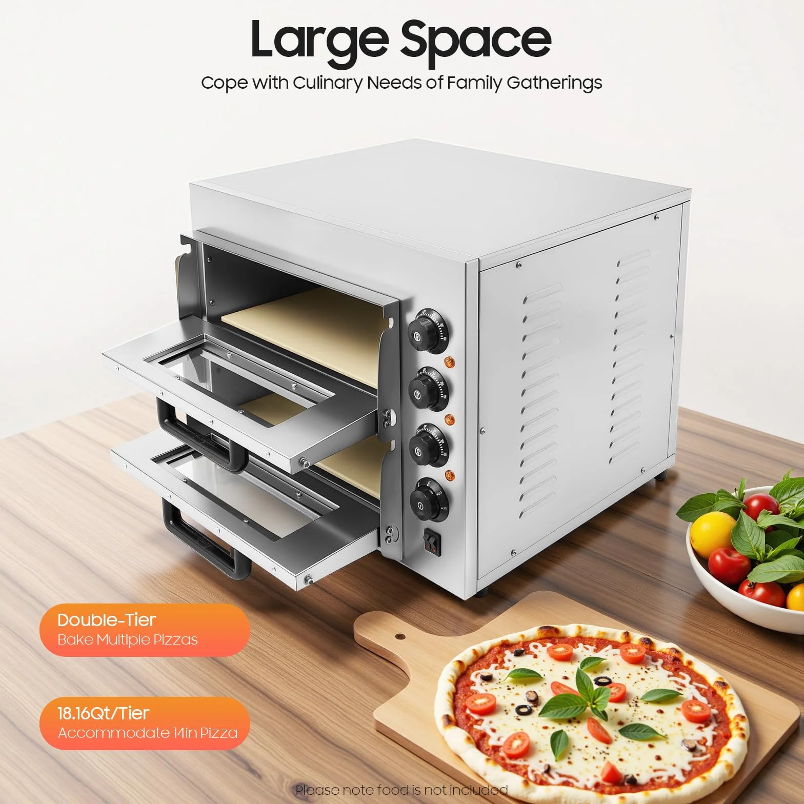 Profesjonalny piec do pizzy 3000 W, dwuwarstwowy piec do pizzy, elektryczny piekarnik do pizzy z timerem 1-60 min, komercyjny piec gastronomiczny 50-350℃ do pizzy 14", do pieczenia wypieków