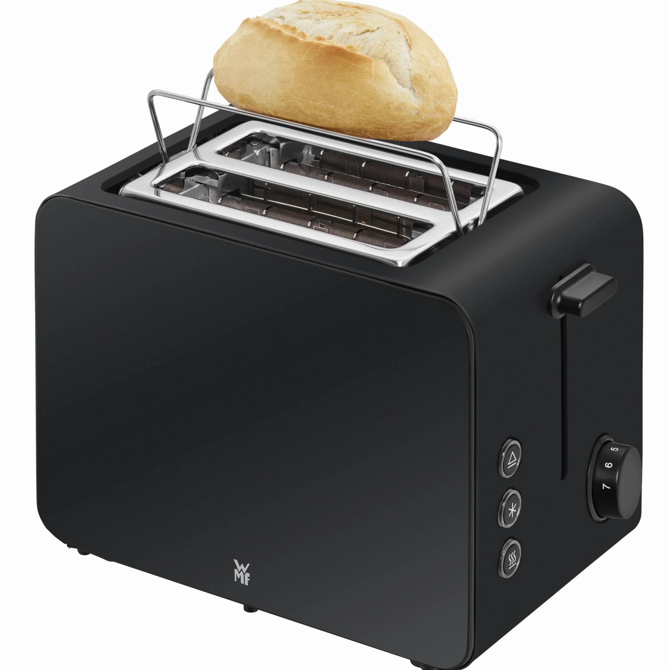 WMF Stelio toster 2 kromki ze stali nierdzewnej, podwójna szczelina z nasadką do bułek, funkcja bajgla, 7 poziomów opiekania, 900 W, matowy czarny