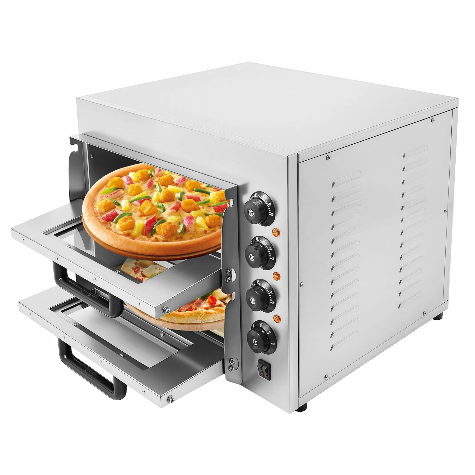 Profesjonalny piec do pizzy 3000 W, dwuwarstwowy piec do pizzy, elektryczny piekarnik do pizzy z timerem 1-60 min, komercyjny piec gastronomiczny 50-350℃ do pizzy 14", do pieczenia wypieków