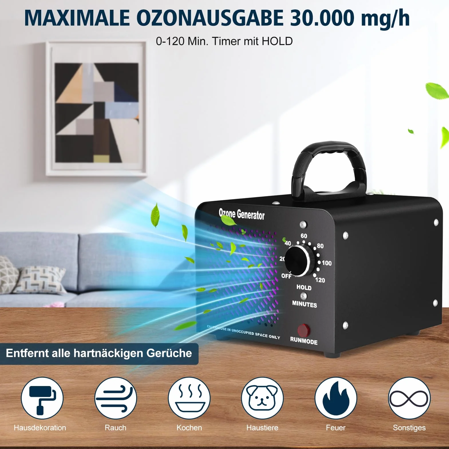 Fwiull Generator ozonu 30 000 mg/h, przemysłowy oczyszczacz powietrza z timerem do 300 m², eliminuje zapachy do samochodów, mieszkania, dymu, zwierząt domowych i kuchni