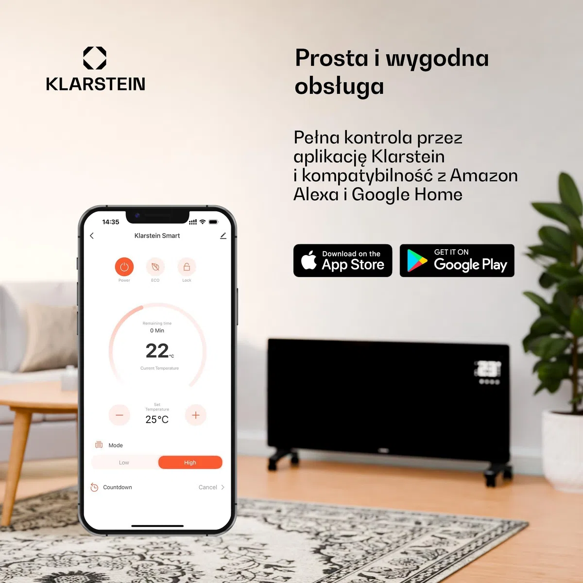 Klarstein Bornholm Konwektor Grzewczy 3000W, urządzenie stojące i montaż na ścianie, ciche, termostat, timer, aplikacja i pilot, blokada dziecięca, grzejnik elektryczny do pomieszczeń do 30m², czarny