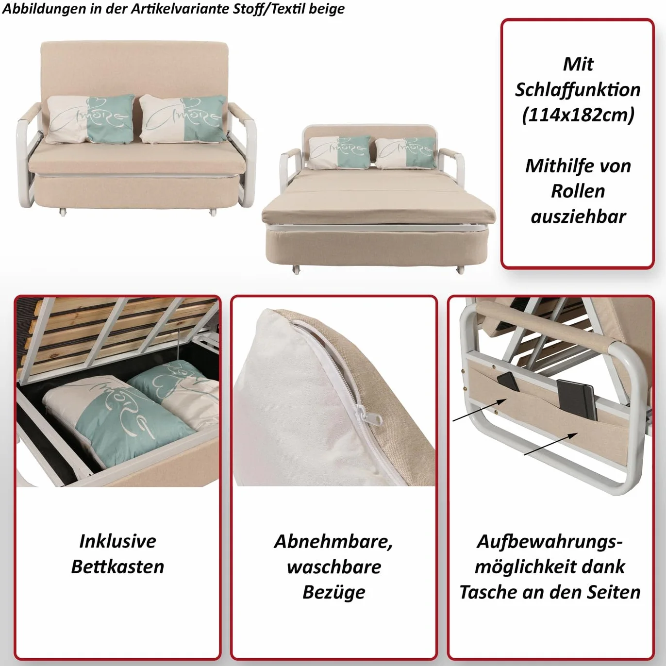 Mendler sofa rozkładana HWC-M83, tapczan do spania, sofa do spania, skrzynia na pościel, funkcja spania, powierzchnia leżącej: 130x185cm - tkanina/tekstyl jasnoszary